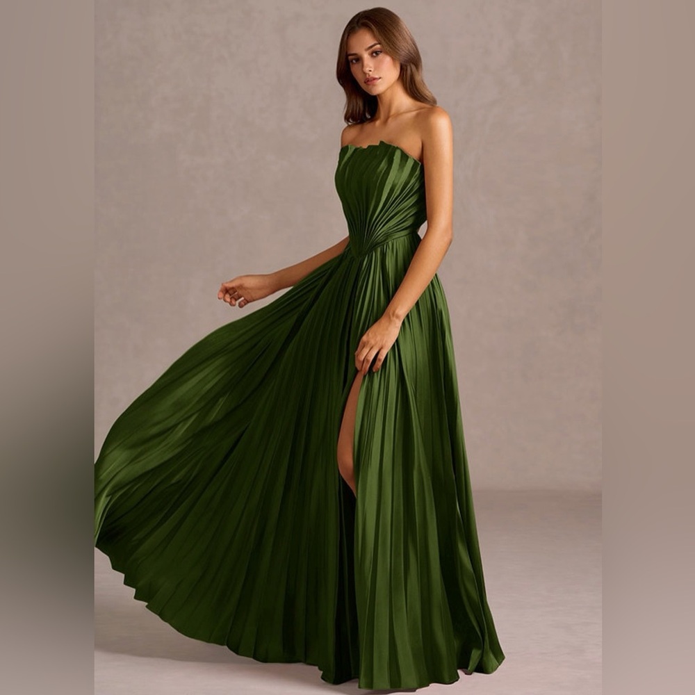 Azazie Strapless Olive Green Pleated Evening Gown